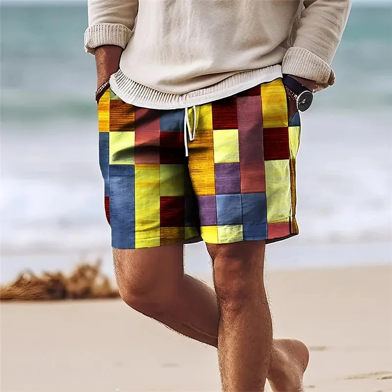 Havaí praia shorts para o verão, roupas esportivas, secagem rápida, casual, colorido, impressão xadrez, ginásio, praia, verão, 2024