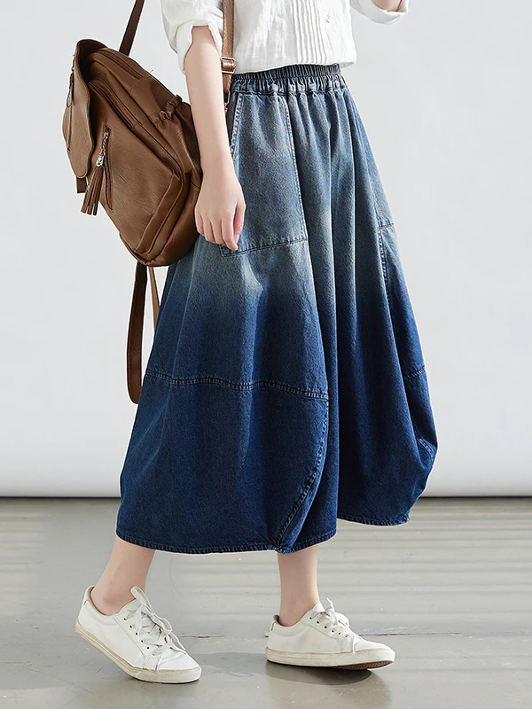 plus Size adient Color Denim Midi Skirt Women's Spring Faion Slimming Knee-Length A-Line Skirt Artistic Commute Sle