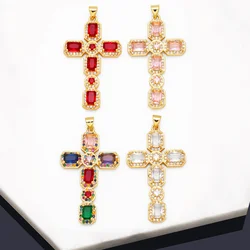 OCESRIO Trendy Multicolor Crystal Big Cross Pendant for Necklace Copper Gold Plated Crucifix Jewelry Making Supplies pdta973