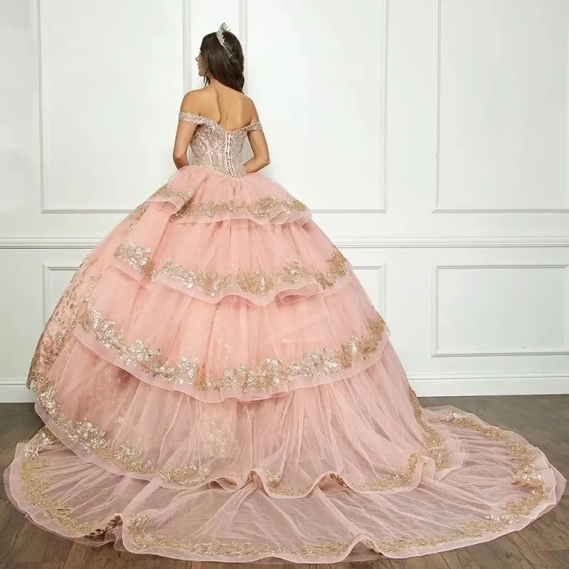 Бальное платье принцессы розового золота, платье Quinceanera с открытыми плечами и блестками, аппликация из бисера, вечеринка по случаю дня рождения, сладкий 16, на заказ