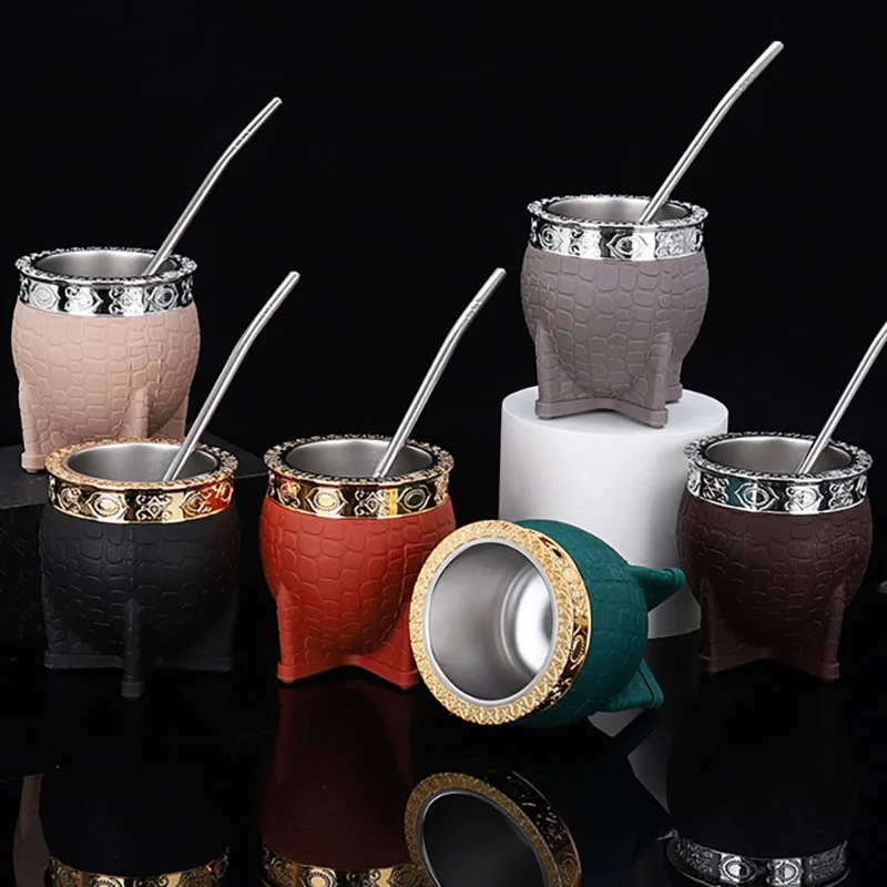 Taza Mate de acero inoxidable de doble capa, textura de cuero, cáscara de huevo, Yerba Mate, té, café, agua, 260ml/9oz, 1 ud.