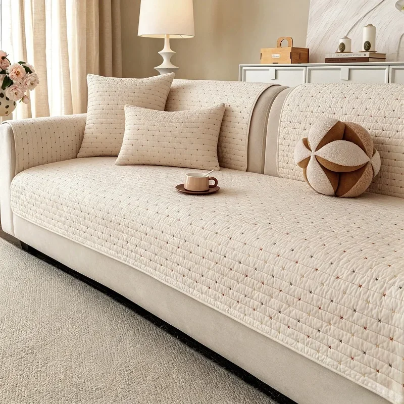 Washed Cotton Quilted Sofa Cover Mini Star Stitch All Season Soft Anti Slip Solid Couch Mat Minimal Living Room Furniture Shield