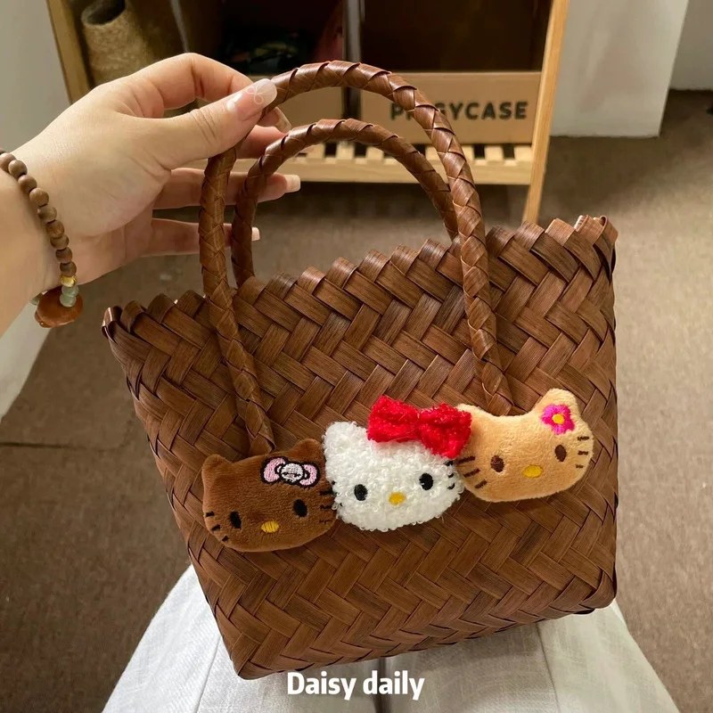

Новая нишевая черная кожаная сумка Kitty с высоким внешним видом, тканая сумка из ротанга, легкая портативная дорожная сумка в стиле Ins