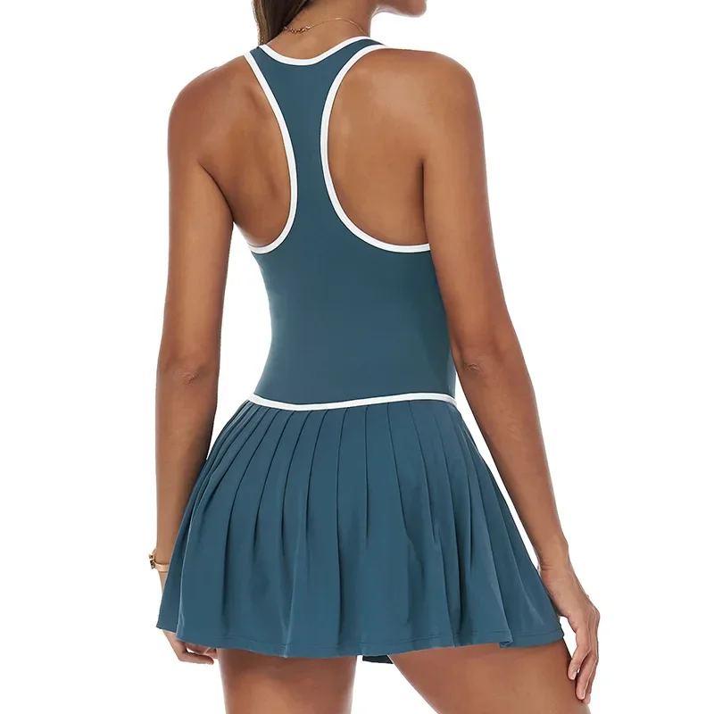 

Tennis Dress Women Summer Sleeveless Sports Yoga Bodysuits Sexy Backless Gym Fitness Romper Anti Glare Pleated Mini Shorts Dress