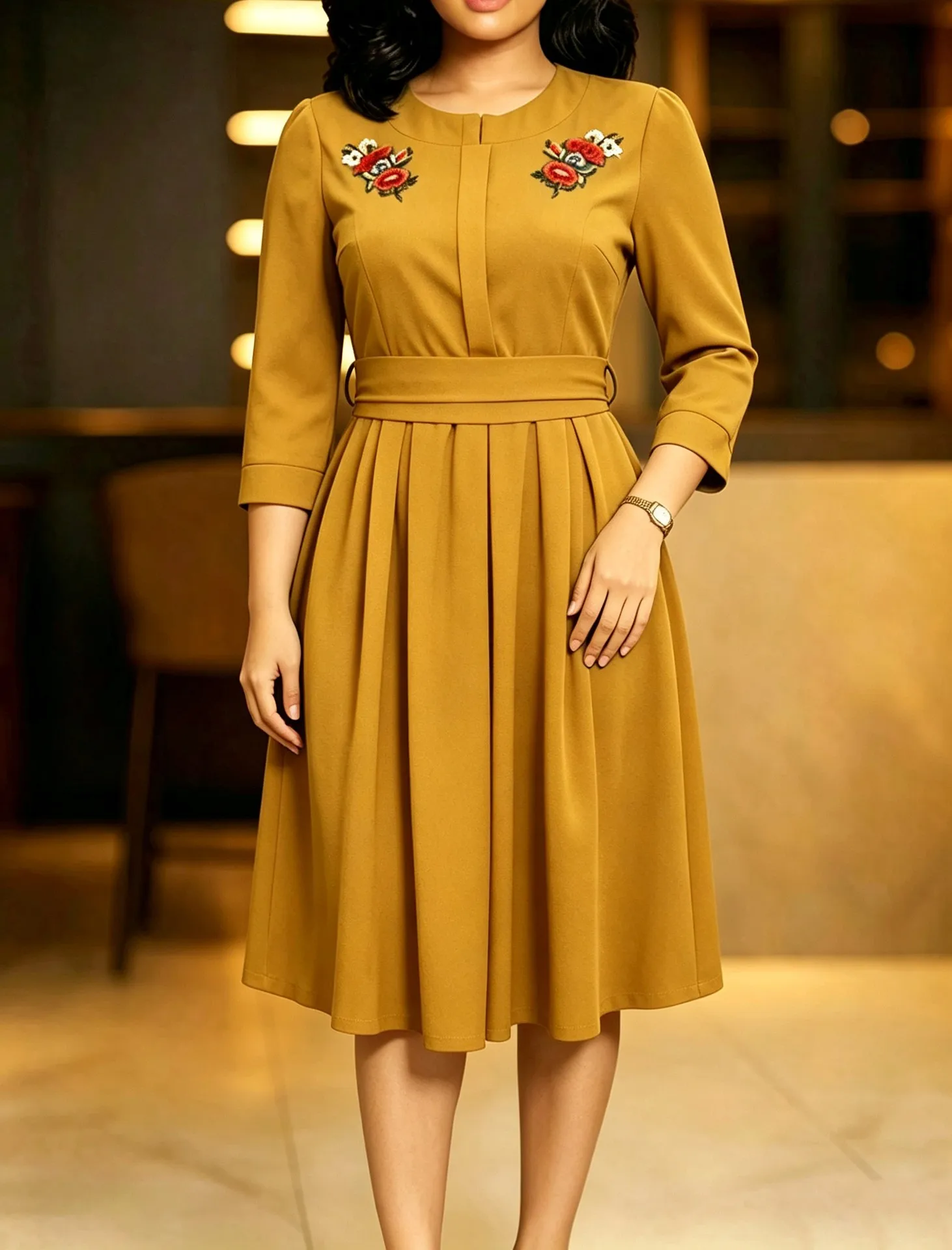 2026 SUMMER NEW WOMEN'S WAIST‑CINCHED SOLID COLOR DRESS, EMBROIDERED DOUBLE LAYER COLLAR LARGE SWING DRESS