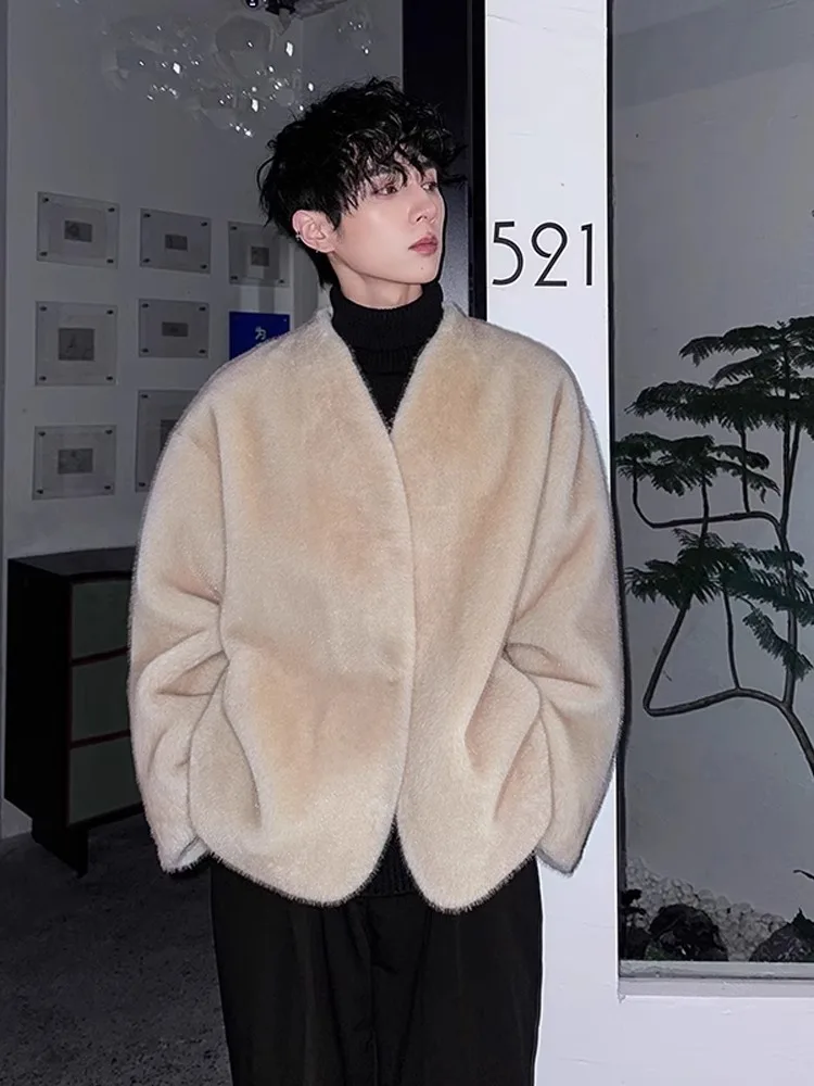 

ort Thiened V-Ne Mink Fur Jaet Men's Winter Youth Inteated Velvet Warm Cotton Clothes Korean Sle Fur Coat