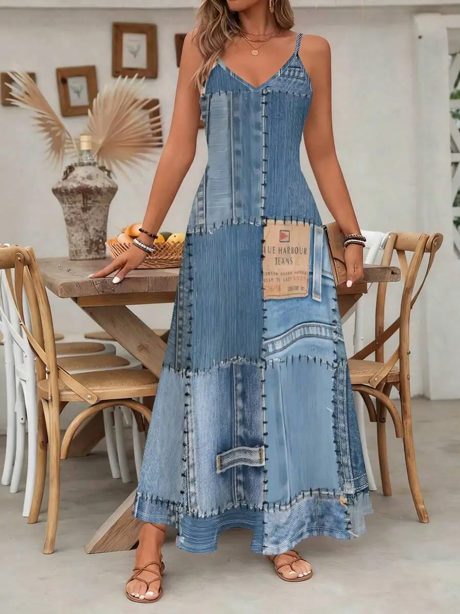 

Retro Denim Patchwork V-Neck Spaghetti Strap Maxi Dress For Women Summer Casual