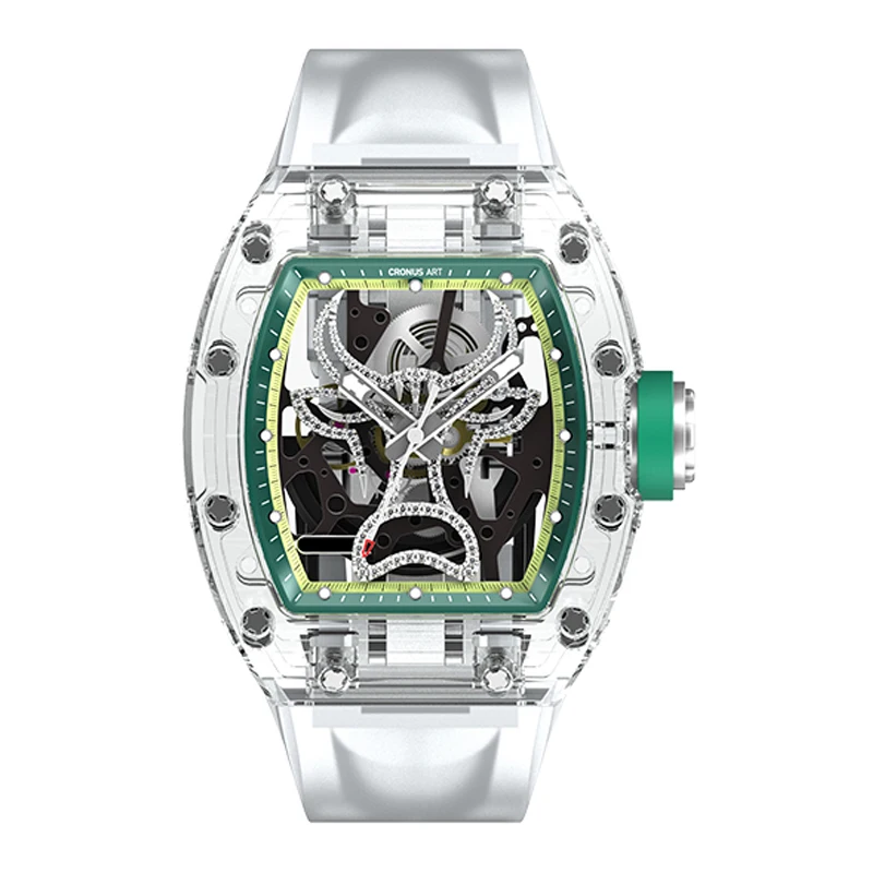 CRONUSART orologio automatico da uomo 50mm Luxury Tonneau orologio da polso meccanico cassa in zaffiro cinturino in Silicone liquido luminoso quadrante blu