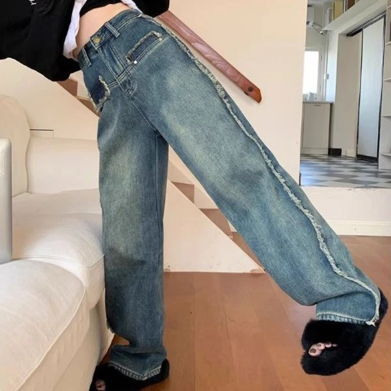 Versatile Wide Leg Jeans Women's High Waist Korean Edition Style Pants High Waist Straight Cylinder Thicken Wide Leg Jeans