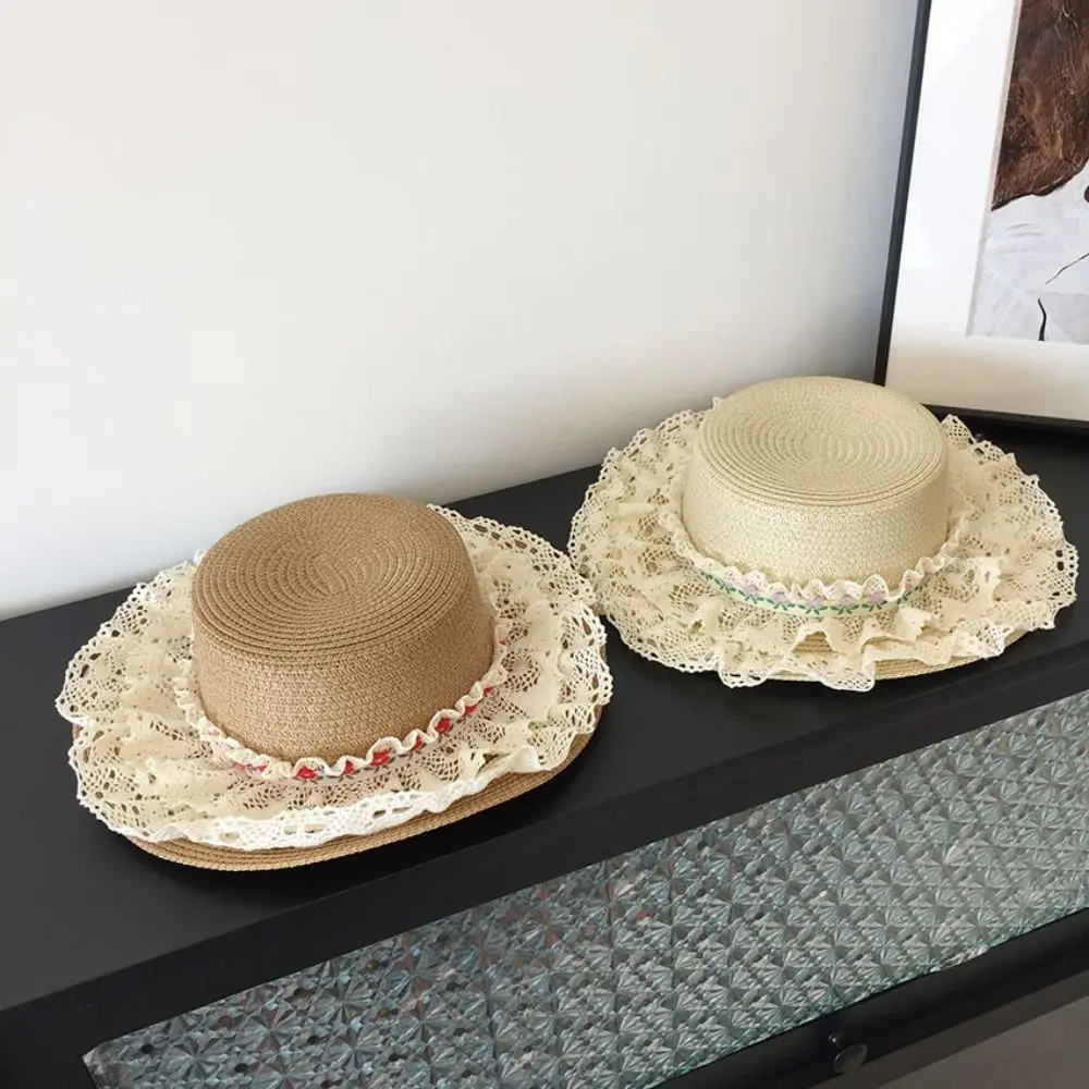 

Новая широкополая соломенная шляпа для девочек с кружевной отделкой, защита от солнца, летняя пляжная шляпа для детей 3-6 лет