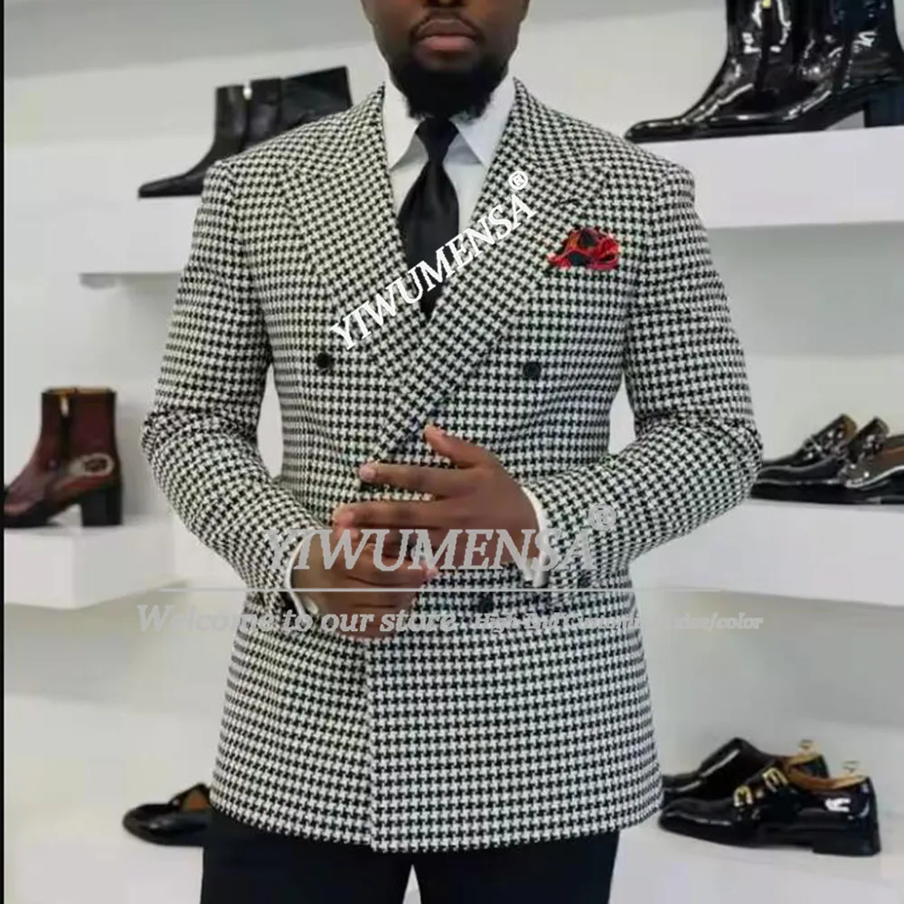 

Classic Men's Suits 2 Pieces Tweed Houndstooth Blazer Double Breasted 2 Buttons Groom Wedding Tuxedos Customized Banquet Outfits