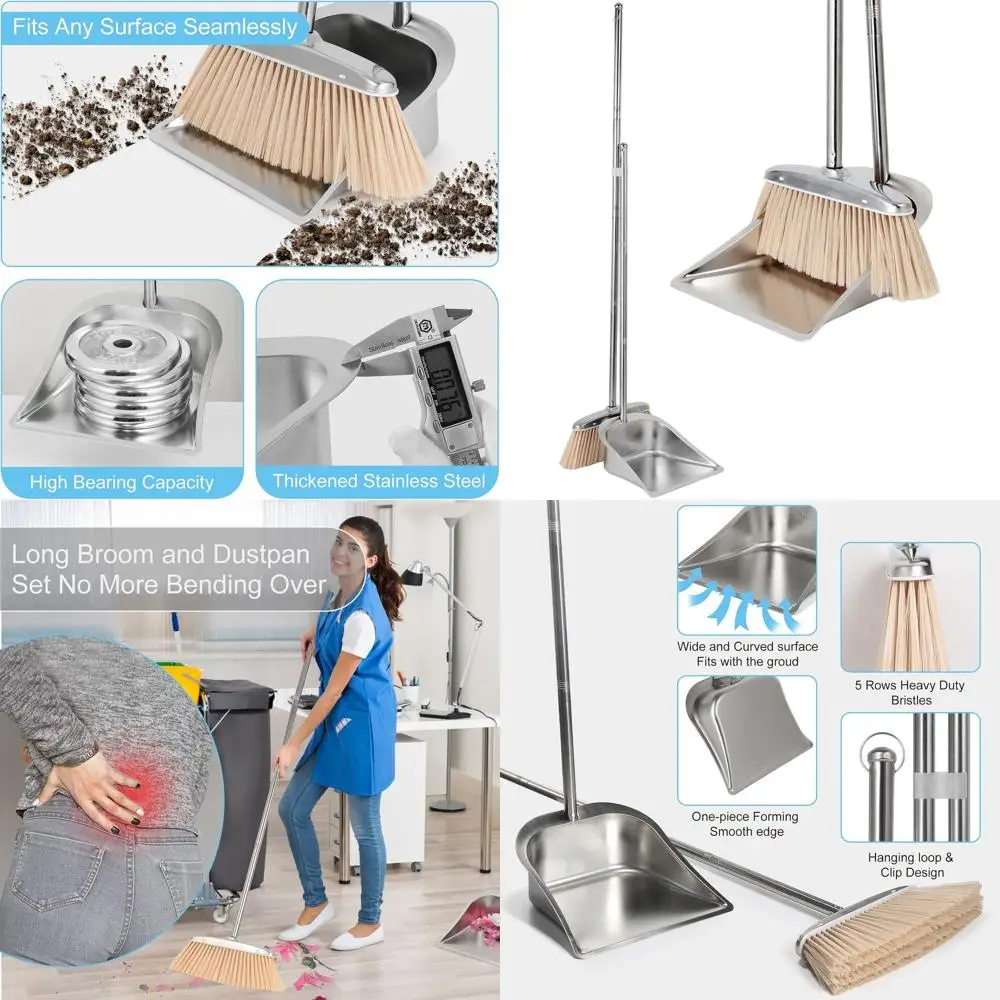 

Stainless Steel Long-Handled Broom and Dustpan Set, Heavy-Duty Standing Dustpan for Home and Outdoor Use