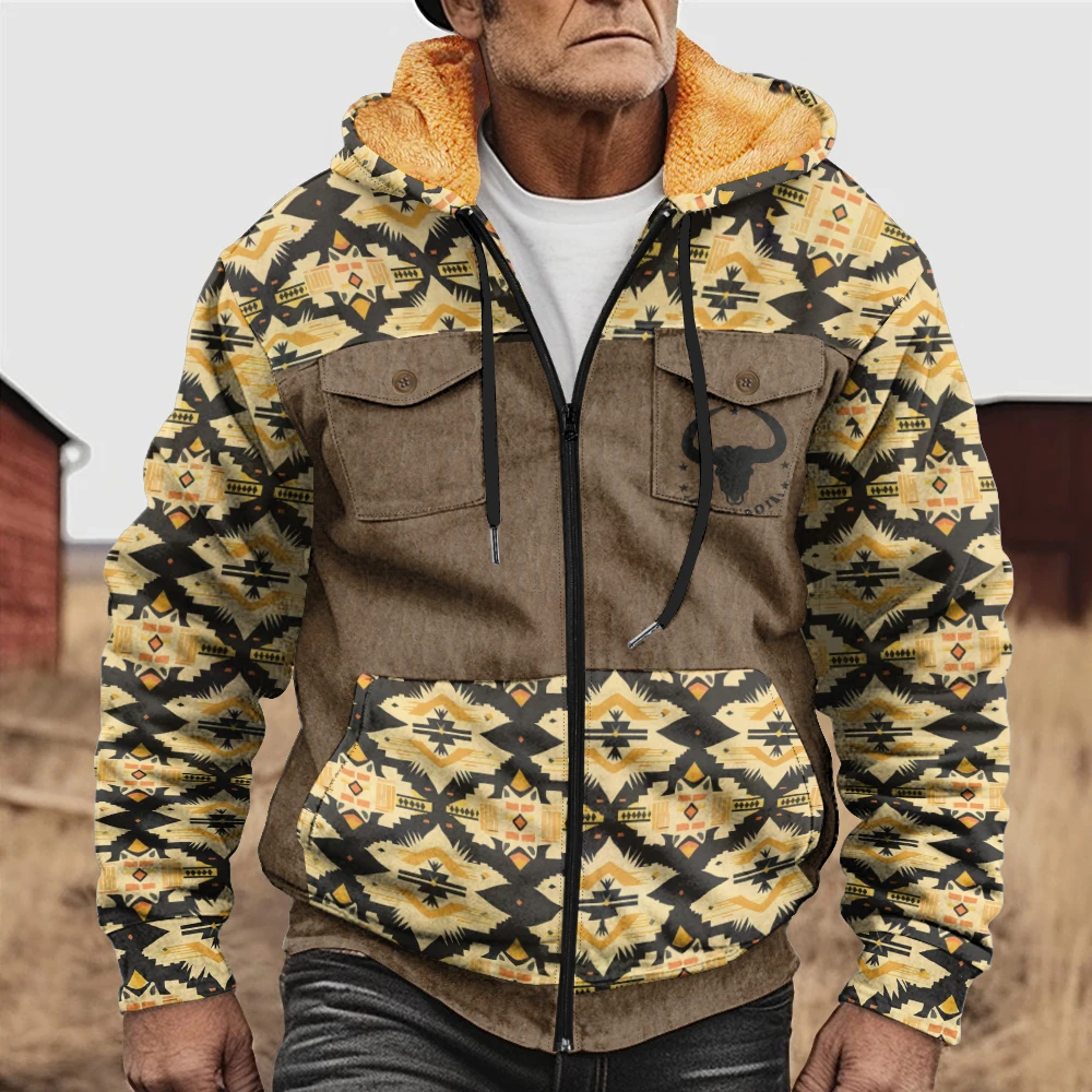 Winter men's oversized khaki patchwork printed coat, fashionable and avant-garde, thickened and warm