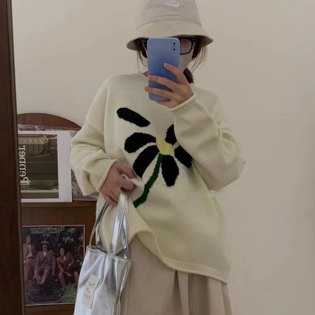 Tops de moda 2025, jerséis para Mujer, ropa de calle de Jacquard Floral, jersey Vintage BF, suéter informal coreano de punto de gran tamaño, suéter para Mujer