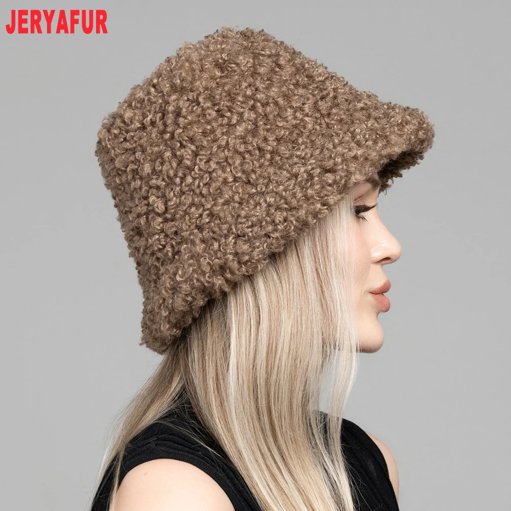 Women Teddy Fleece Bucket Hat, Curly Warm Winter Wide Brim Fisherman Cap 55‑60cm