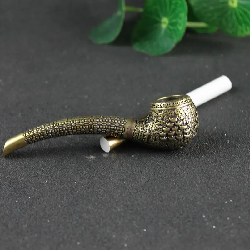 Retro Brass Copper Many Coins Wealth Carved Smoke Cigarette Holder Filter Tobacco Smoking Pipe Accessories Father Grandpa\'s gift