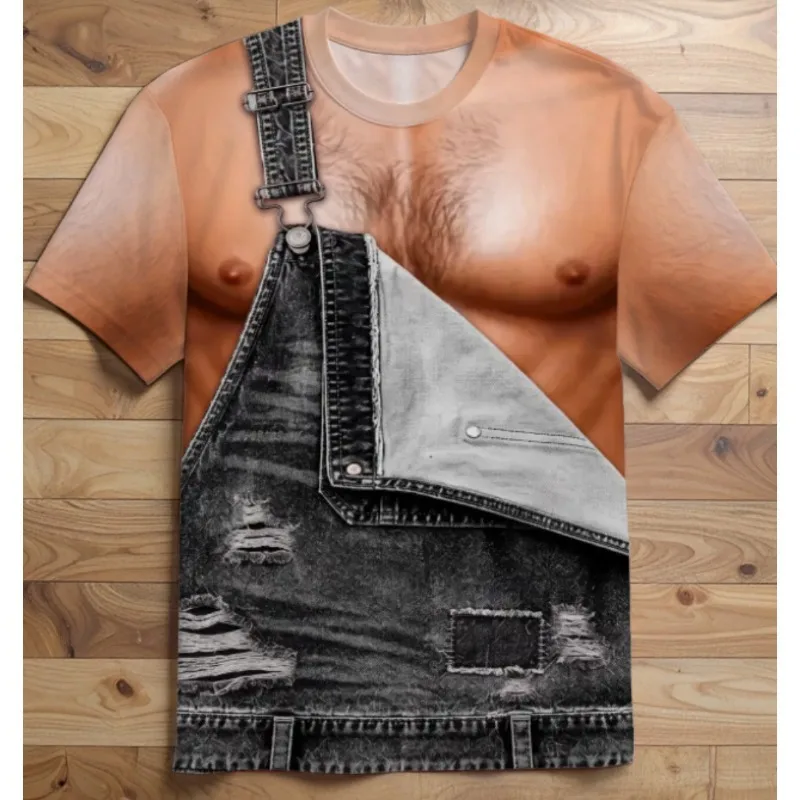 Mens Funny 3D Fake Denim Overalls Print Short Sleeve T-Shirt Crew Neck Novelty Casual Streetwear Camiseta Summer Humor Tees Tops