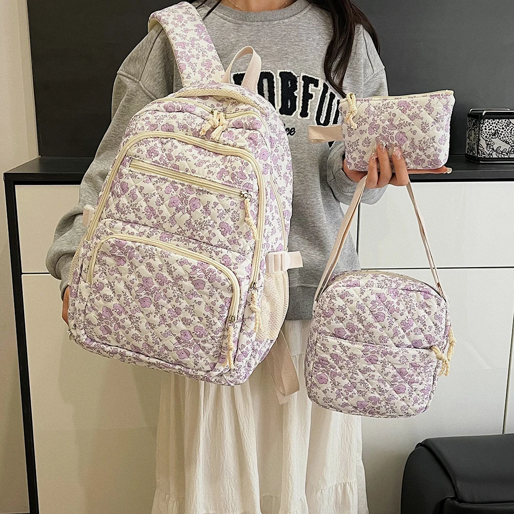 Women 3pcs Set Casual Bookbag with Lunch Bag and  Floral Backpack High Capacity Backpack for Girls Travel Daily Use
