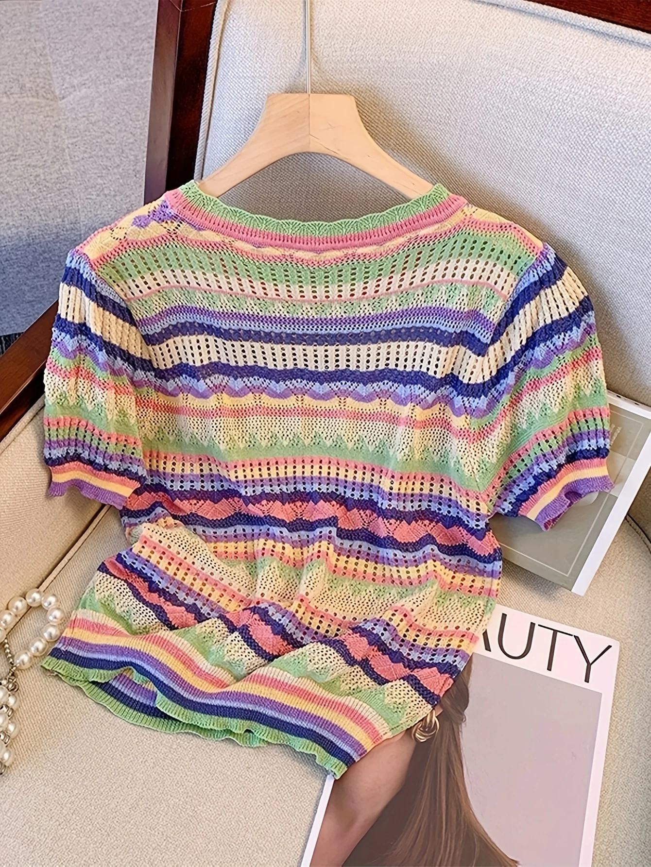 2024 New Color Block Crew Neck Knitted Top Casual Short Sleeve Top For Spring  Summer Women\'s Clothing Crop Top