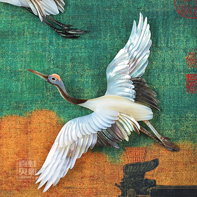 New Chinese Style Handmade Auspicious Crane Shell Carving Wall Art, Natural Shell Painting Entryway Study Room Decor Custom Gift