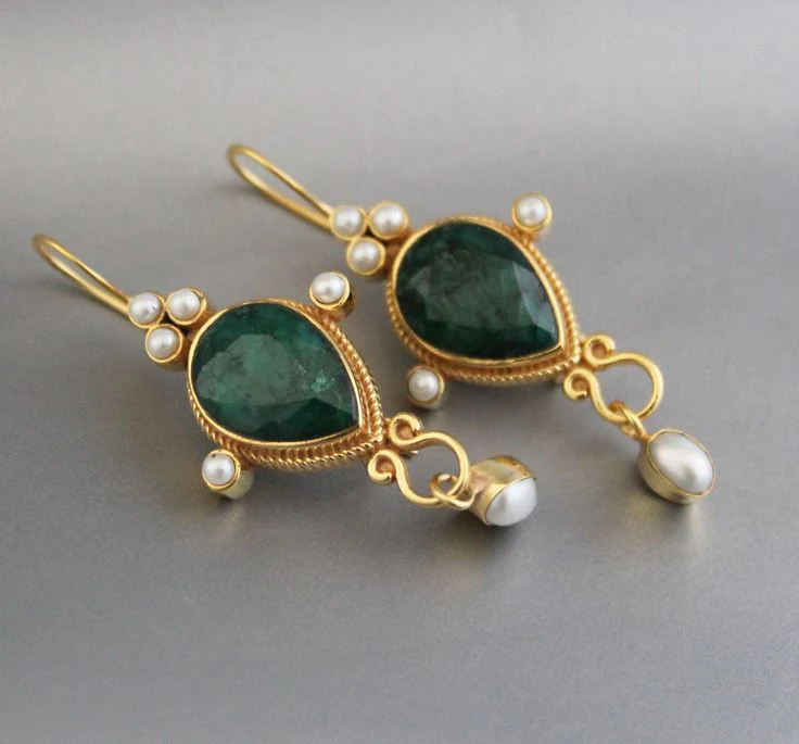 2 Pcs Vintage Round Dark Green Crystal Pearl Gold Color Earrings Women's Fashion Creative Holiday Party Gift Pendant