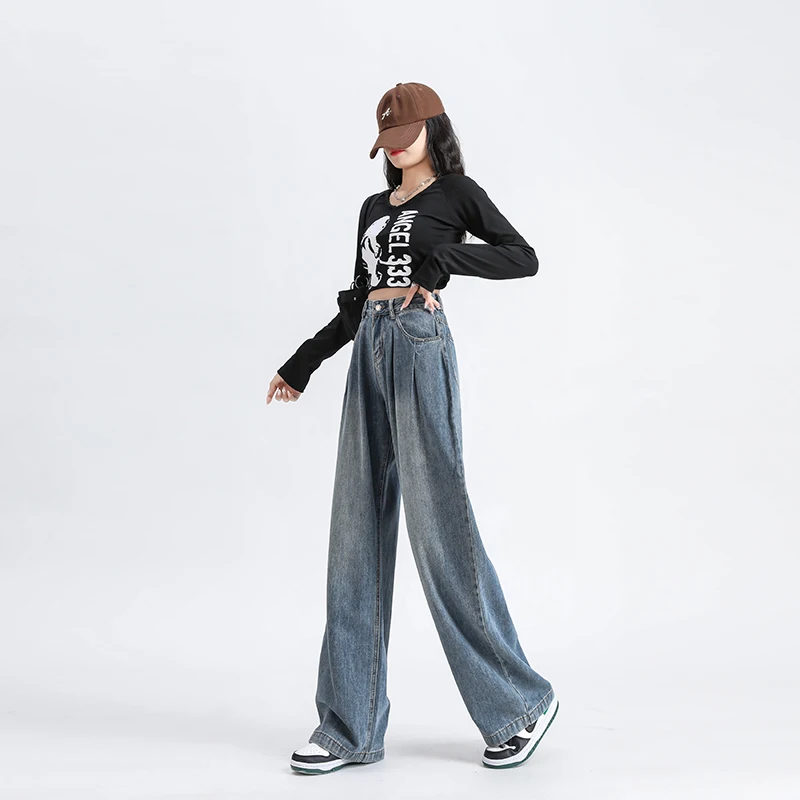 Pantalones vaqueros de cintura alta para mujer, ropa de mezclilla de algodón de pierna ancha, Pantalones rectos, pantalones casuales azules Retro
