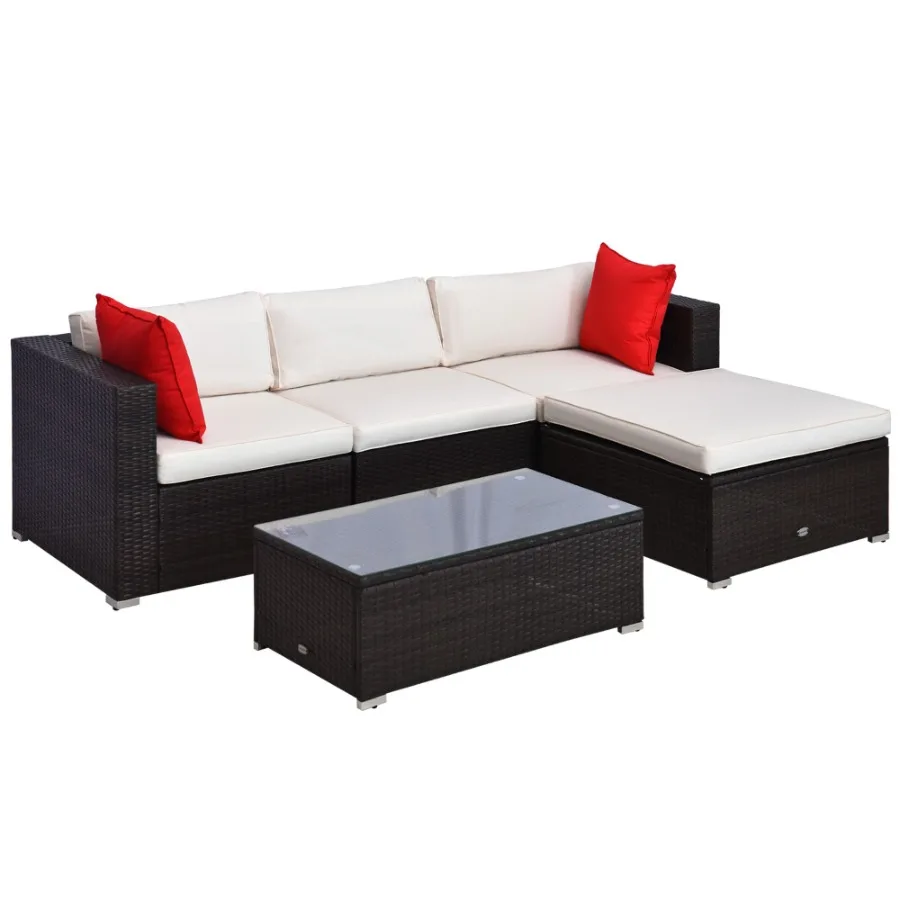 

5Piece Deluxe Rattan Outdoor Patio Furniture Set Sectional Wicker Couch with Coffee Table Cream White