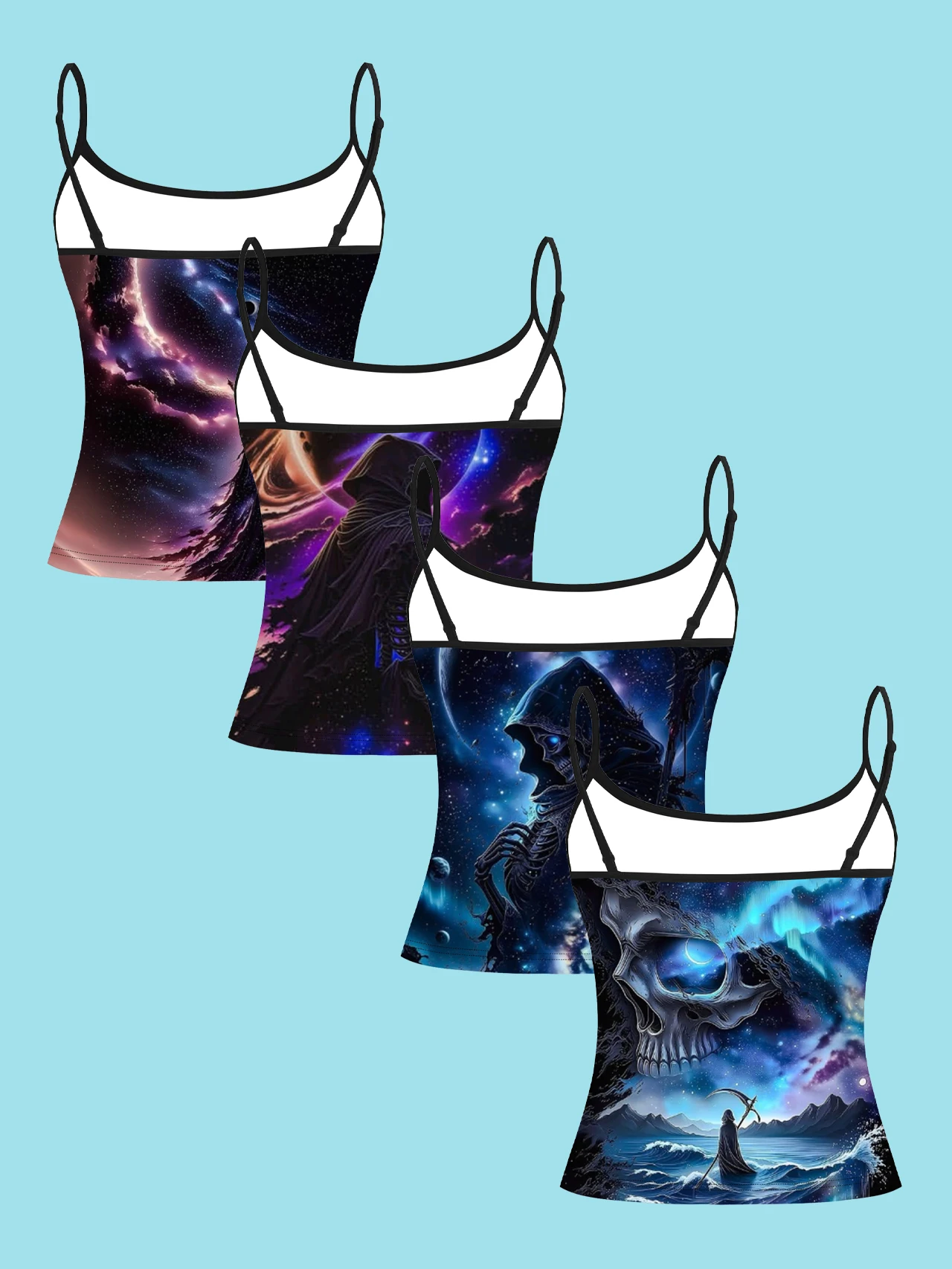 4-Piece Set of Galaxy Starry Sky and Grim Reaper Skull Print Women's Camisoles, Dark Gothic Style Spaghetti Strap Slim Fit Versatile Inner Tops