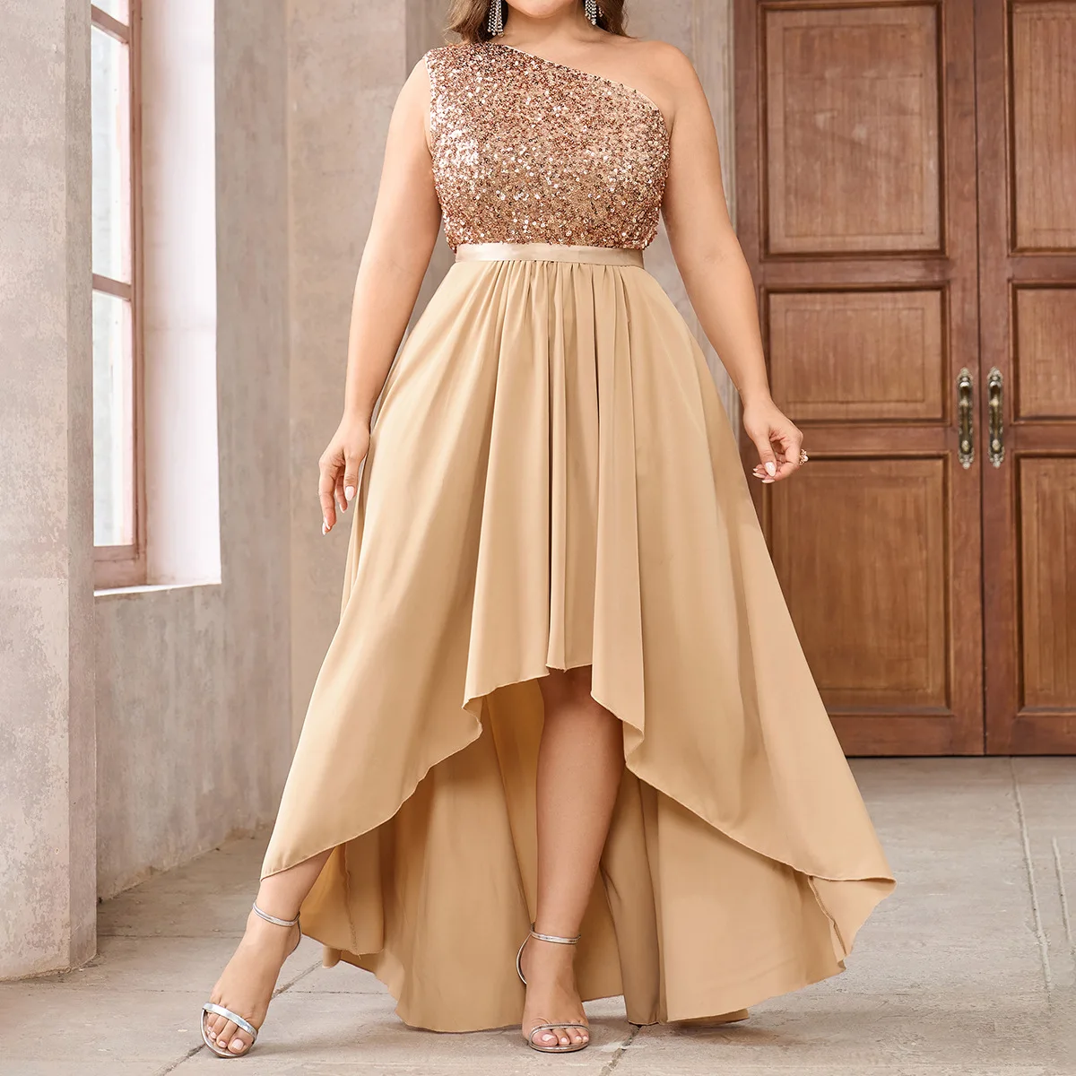 

Plus Size Women Sequins Splicing Pleated Cocktail Dress Sexy High Waist Sleeveless Gowns Elegant Solid Color Evening Party Dress