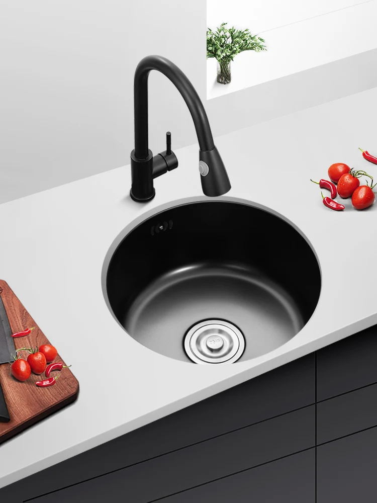 Black round bar sink nano stainless steel sink single slot small kitchen dishes.