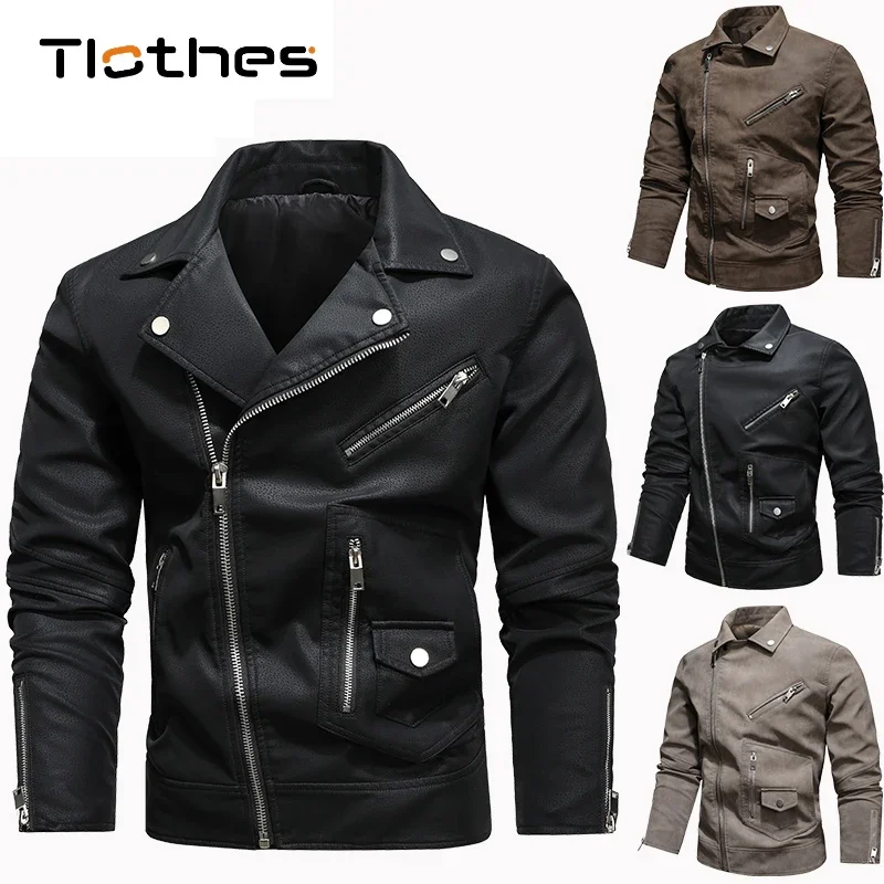 Autumn Winter Motorcycle Leather Jacket Men Fleece Warm Oblique Zipper PU Biker Moto Jackets and Coats Mens Hip Hop Lapel Coats