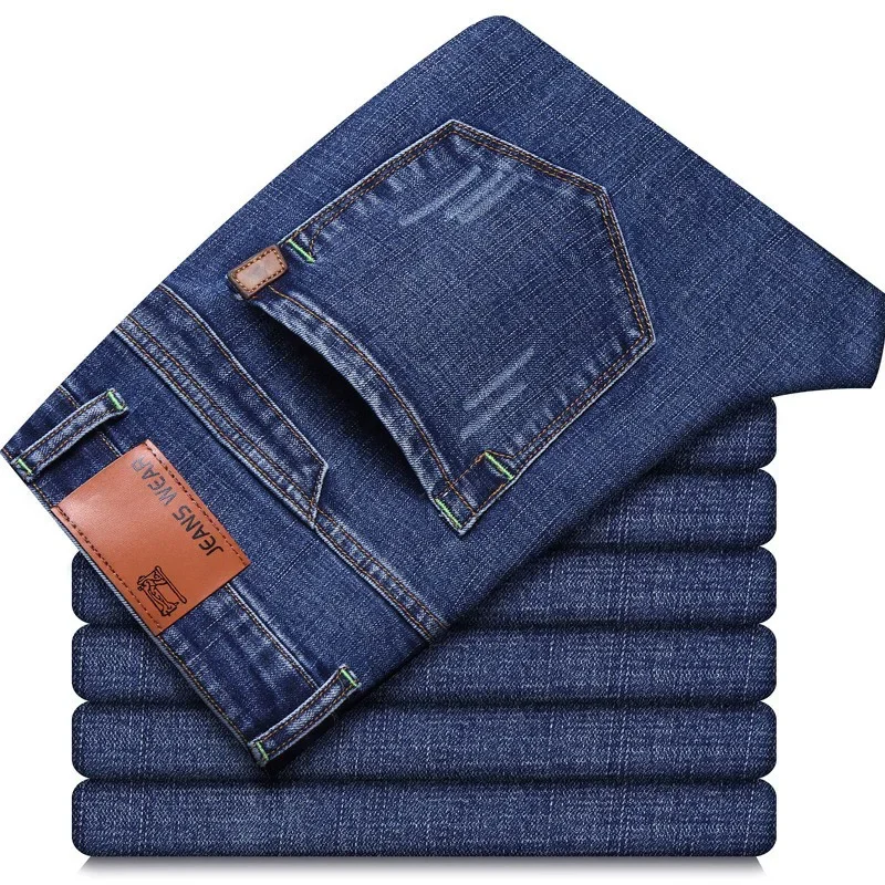 2025 hommes nouveau 28-40 hommes classiques pantalon droit affaires bleu noir jean élastique coupe ajustée décontracté travail pantalon