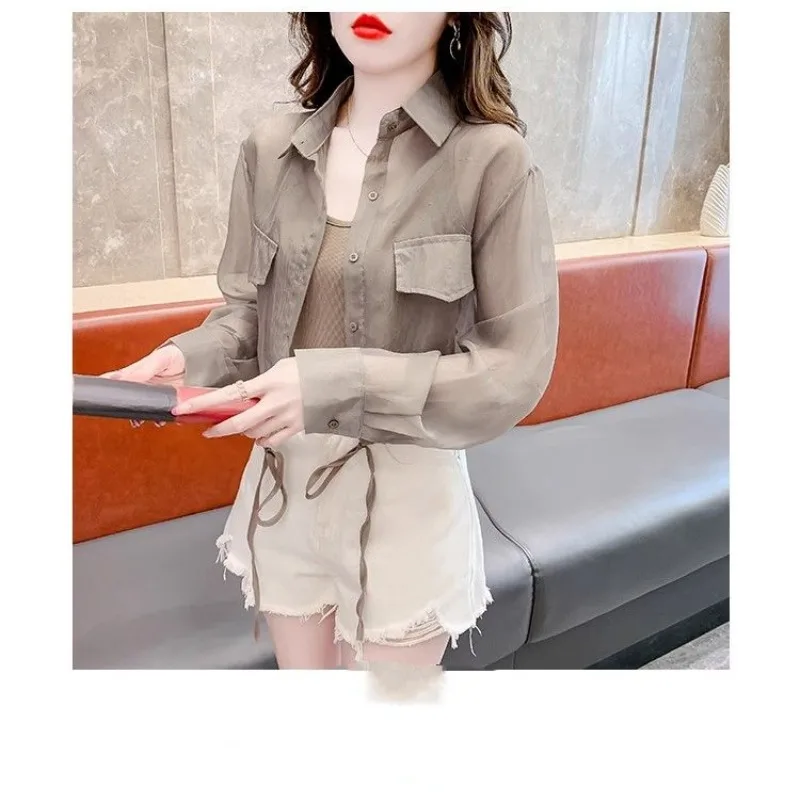 Summer New Korean Commuter Drawstring Sheer Short Solid Color Sunscreen Chiffon Blouse Polo Neck Long Sleeve Button Women Shirts