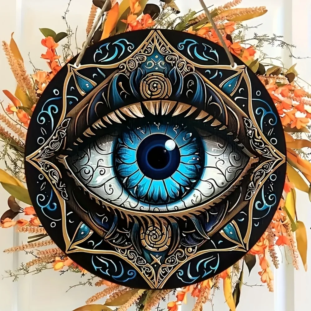 قطعة واحدة، "تصميم نمط حماية العين الشريرة على الطراز البوهيمي" لوحة زخرفية خشبية مستديرة، قائمة خشبية، باب ونافذة