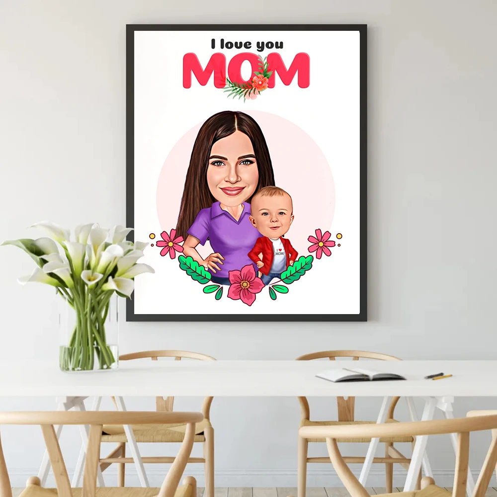 

Custom Mother Kids Cartoon Portrait Poster, Funny Personalized I Love You Mom Wall Art, Bedroom Home Room Decor, Canvas Print