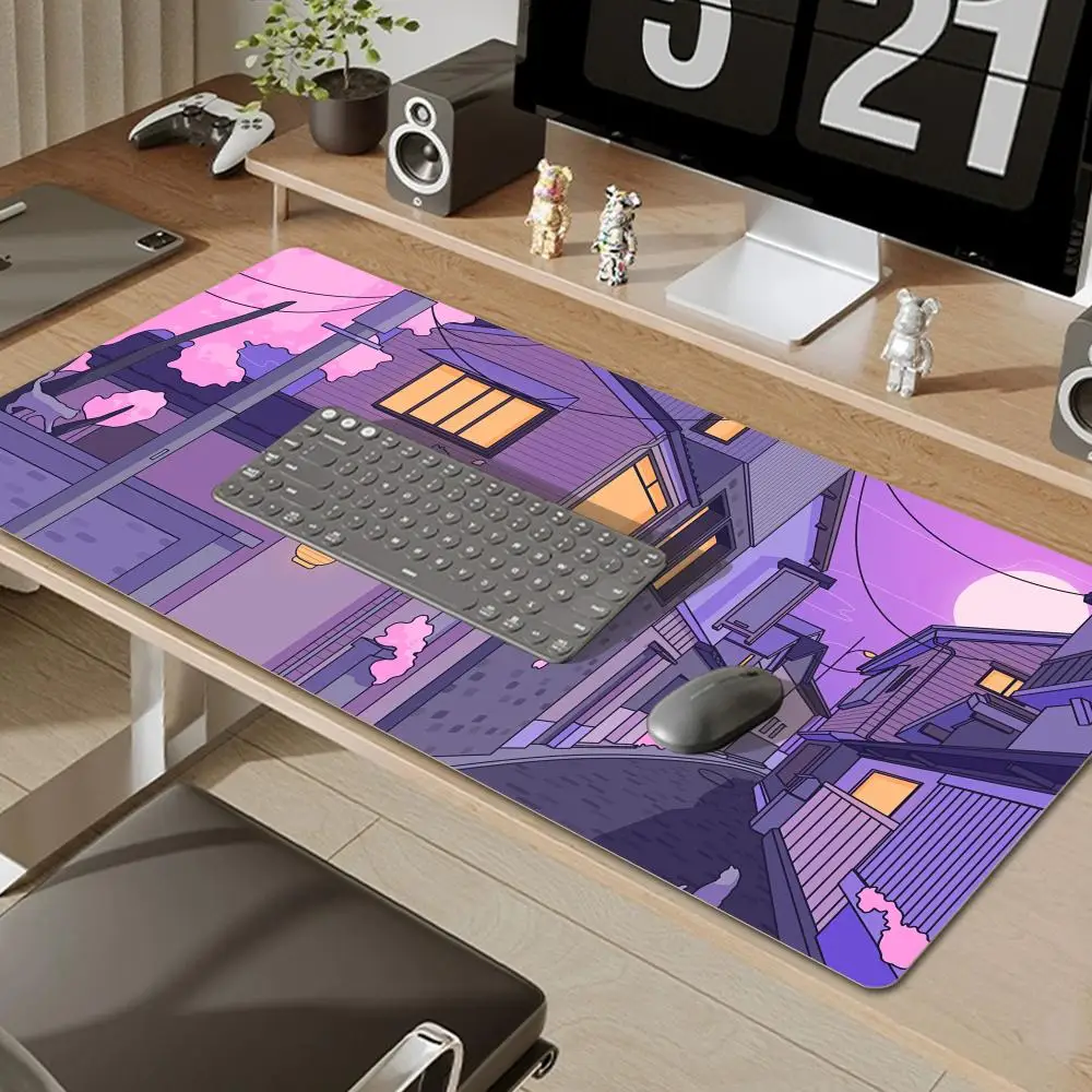 Gato bonito Mouse Pad Do Computador, Gamer Mousepad, Arte Roxa, Tapete Kawaii Mouse, Tapete XXL, Acessórios para PC, Tapete de Mesa, 90x40