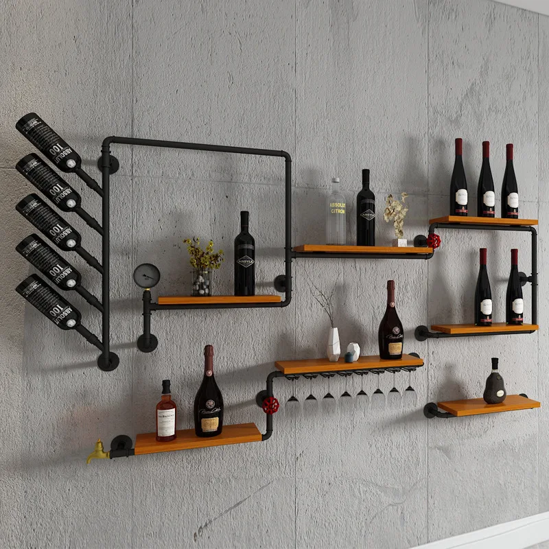 Retro multi-functional water pipe upper wall shelf, industrial style, wrought iron solid wood partition shelf, bar multi-layer