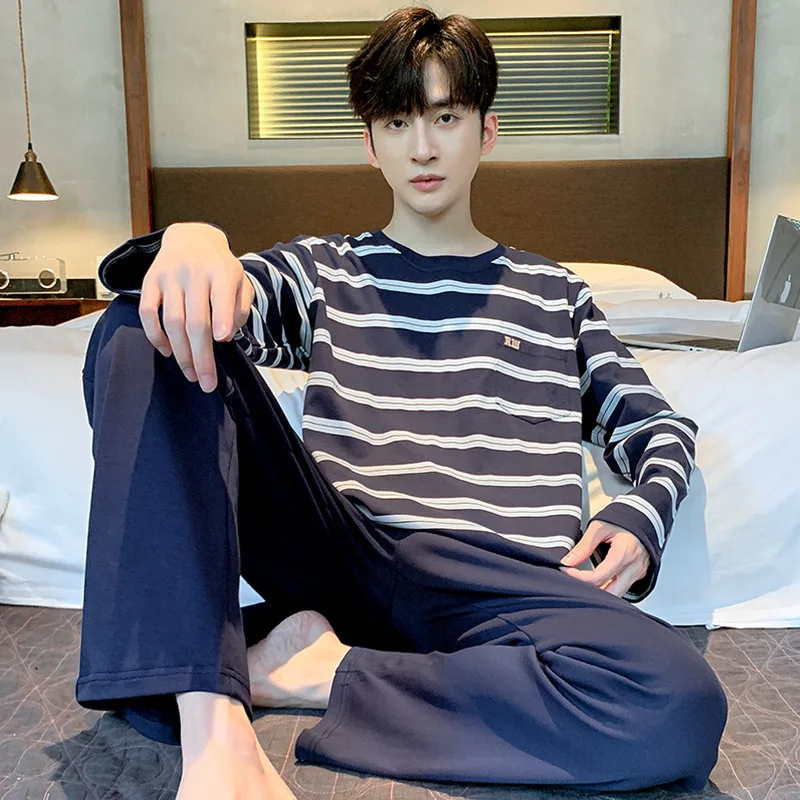 

Fall and Winter Men's New Pajamas Homewear Suit Teenage Cotton Long-Sleeved Leisure Plus Size Fall and Winter Pajamas Homewear