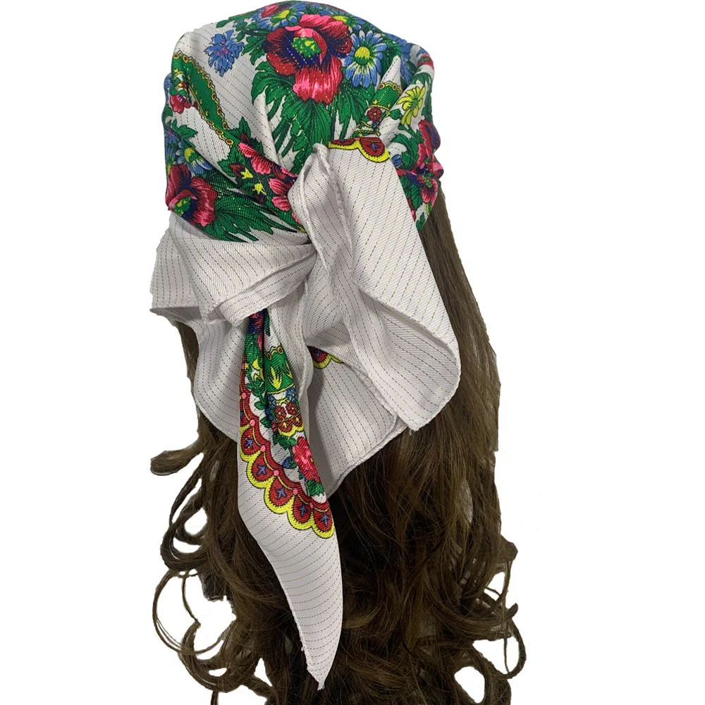 70cm Gold Thread Floral Printed Russian Scarf Ukrainian Shawl Babushka Square Bandana Female Head Wrap Scarf