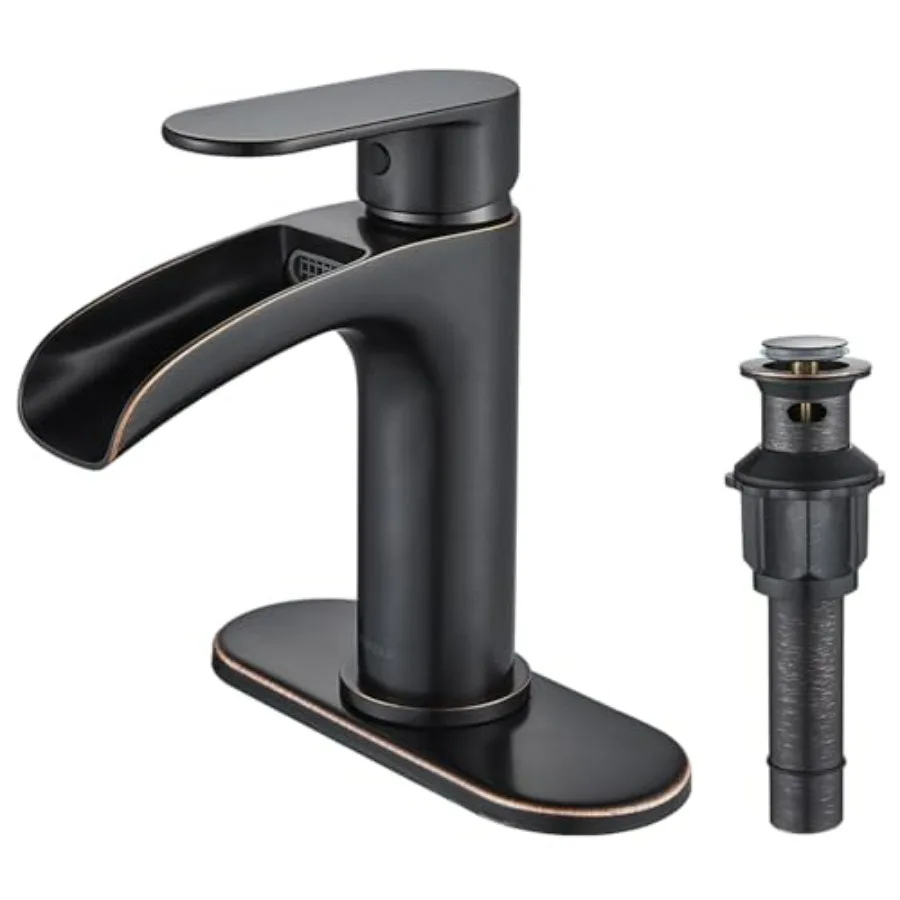 

Bathroom vanity faucet oil rubbed bronze single-hole single-handle waterfall design with metal pop-up drain and hose for RV res