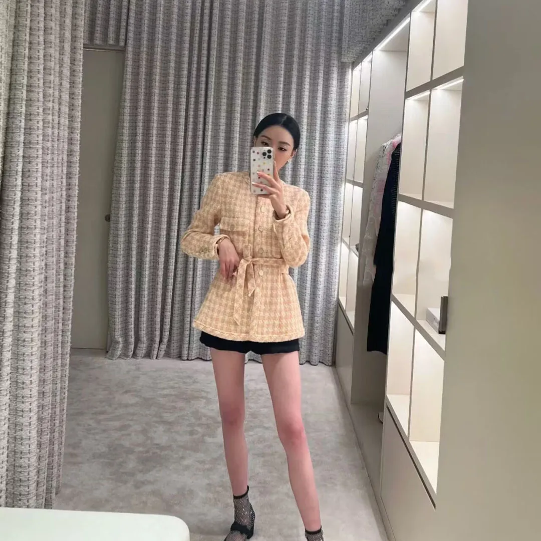 Fashion Runway Design Orange Gingham Plaid Tweed Jacket Sweet O-neck Long Sleeve Single Breasted Slim Belt Silk Liner Retro Coat