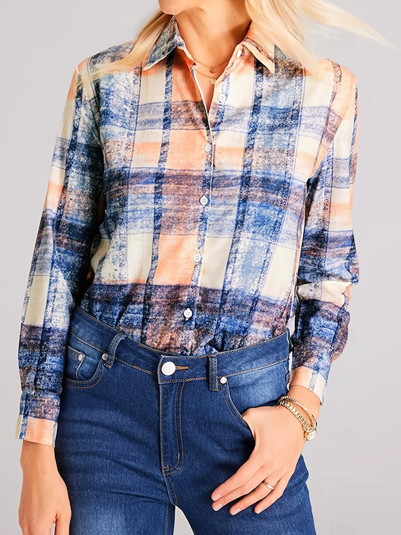 

Women's Blue Orange Plaid Long Sleeve Button Down Shirt Casual Loose Fit Collared Blouse 2025