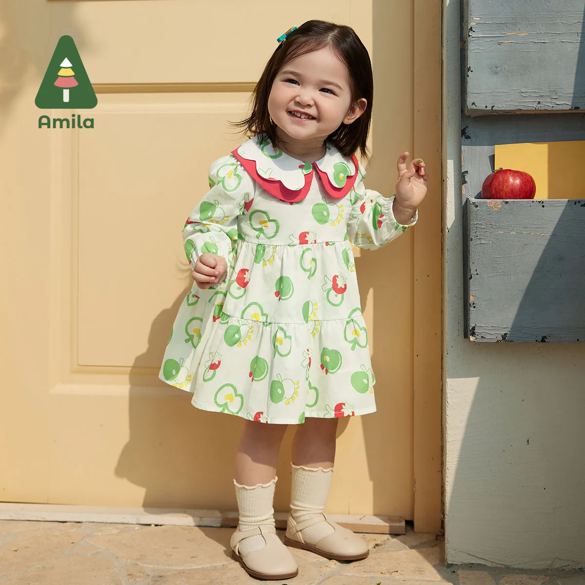 Amila Baby Dress 2024 Spring New Sweet Cutey Full Print Breathable Pure Cotton Class A Girls Clothing