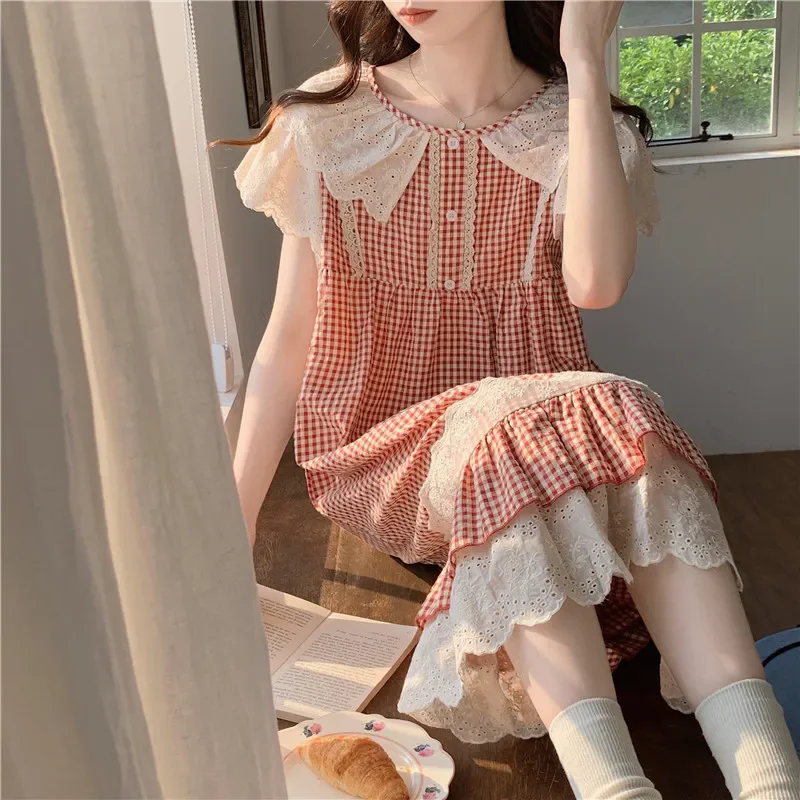 Plaid Retro Elegant Casual NightDress Soft Ruffles Sweet Simple Summer O-Neck Princess Long Sleepwear Cotton Lace Short sleeve