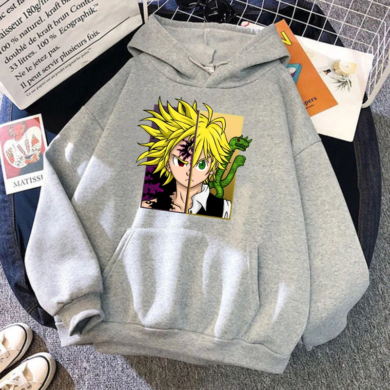 Camisola anime unissex de manga comprida, tops casuais, impressão meliodas, moletons de moda feminina