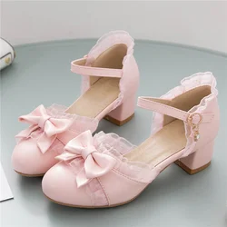 Sweet Japanese Lolita Princess Dance Shoes Girls Cute Bow Lolita Shoes Round Toe White Pink College Pumps Summer Ladies Sandals