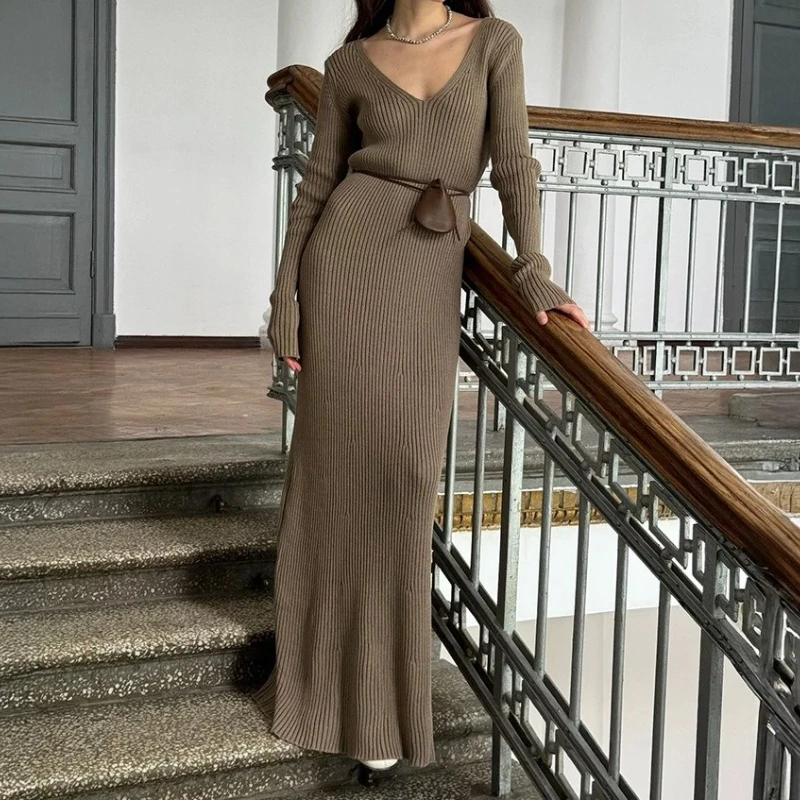 

Women's New Autumn Solid Color Long Sleeve V-neck Slim Bodycon Knitted Maxi Dress Trendy Elegant Fashion Dresses 2025