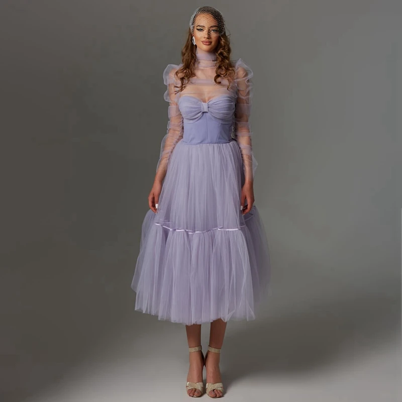 

Elegant Tulle A Line Prom Gowns See Thru High Neck Mesh Women Summer Party Dress Pretty Ruffles Tiered Girls Graduation Dresses