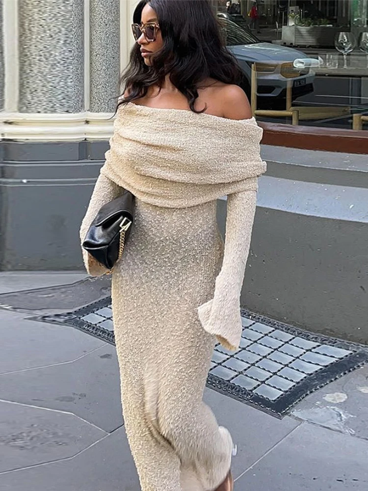 Knitted Hollow Out Women Dresses Off The Shoulder Solid Lady Maxi Dress 2024 Slim Sexy See Through Summer Female Vestidos