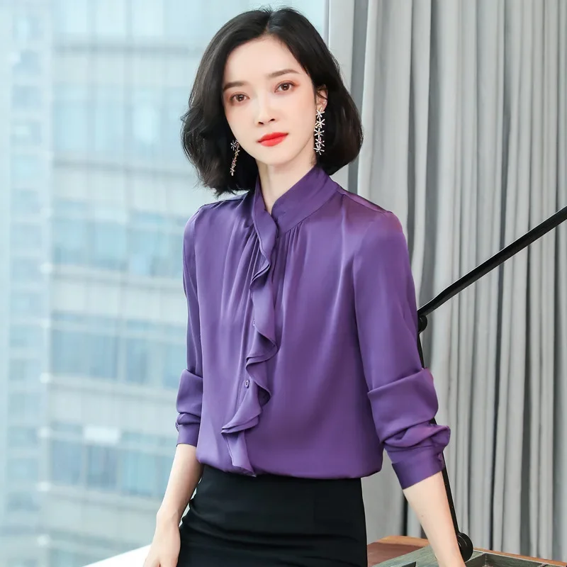

real Silk Shirt Long-sleeved high end office lady Women Blouse Over 90% Natural Silk Mulberry Silk Blouse Purple Ruffles Shirts